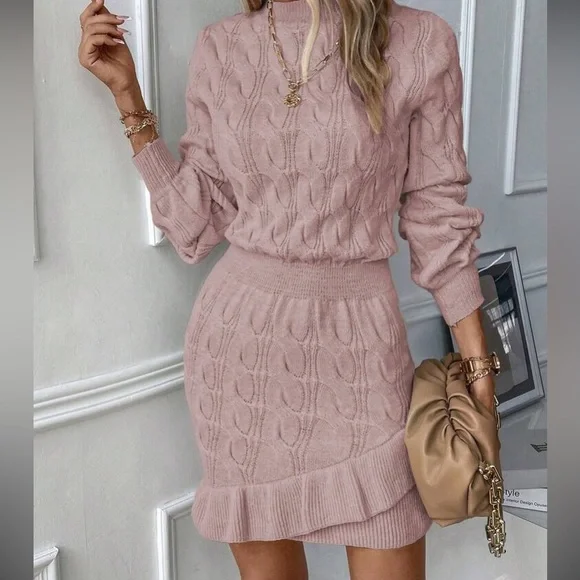 Cozy coffee brown ruffle hem cable knit sweater dress - Picture 15 of 16